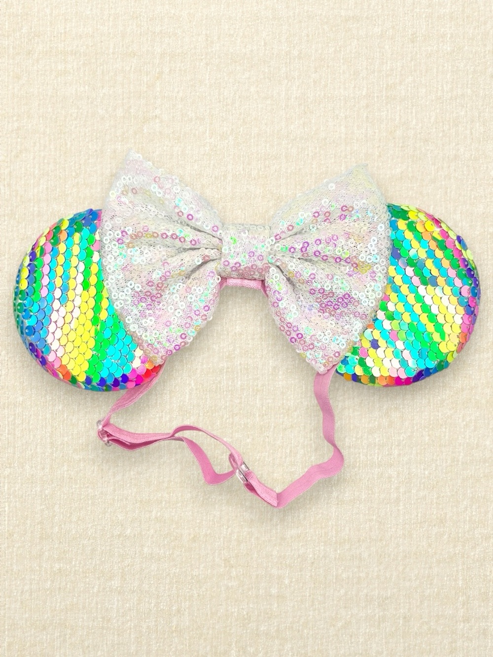 Elastic Rainbow Sequin Minnie Ears – White Bow | Disney-Inspired Mouse Ears